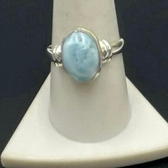 Genuine Caribbean Blue Larimar 13x8mm Dominican Sterling Silver Ring Size 9.5 - Picture 1 of 8